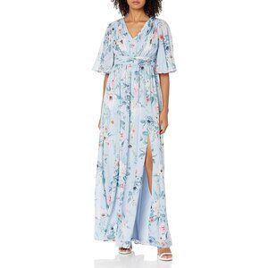 Sz 18W Adrianna Papell Floral Flutter-Sleeve V-Neck Chiffon Gown w/ Lace Panel